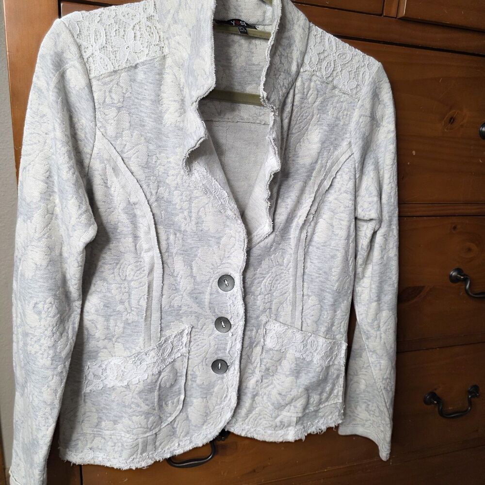 Yest Floral Lace Blazer Size 10 Gray Jersey Jacket Boho Cotton Blend Feminine